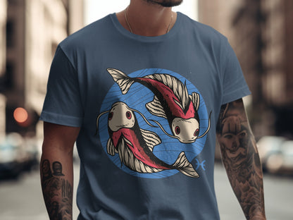 Two Koi Fish Design with Blue Background Shirt