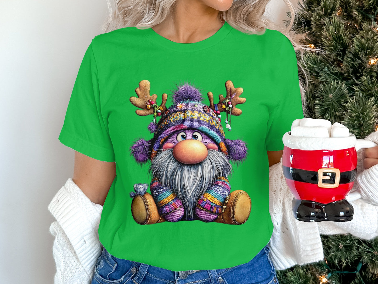 Colorful Reindeer Hat Gnome Tee for Festive Cheer
