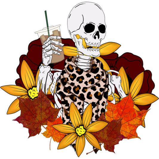 Skeleton with Ice Coffee and Fall Flowers Design