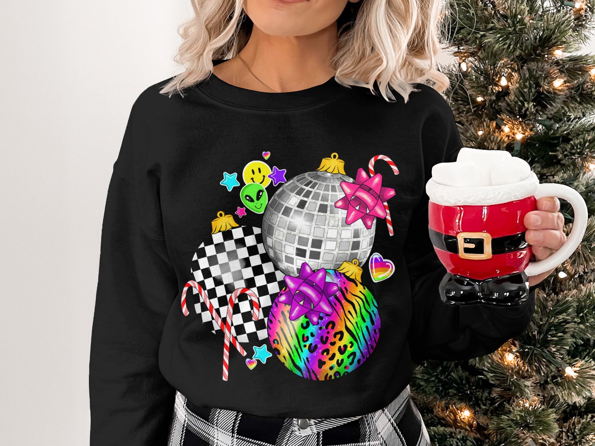 Festive Graphic Sweatshirt With Colorful Holiday Ornaments
