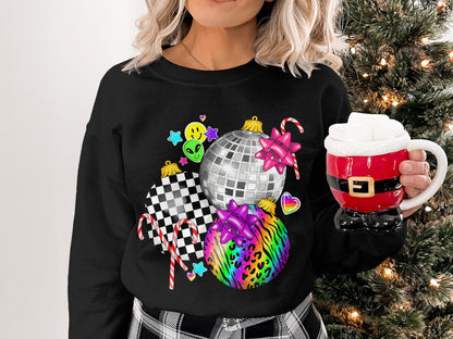 Festive Graphic Sweatshirt With Colorful Holiday Ornaments
