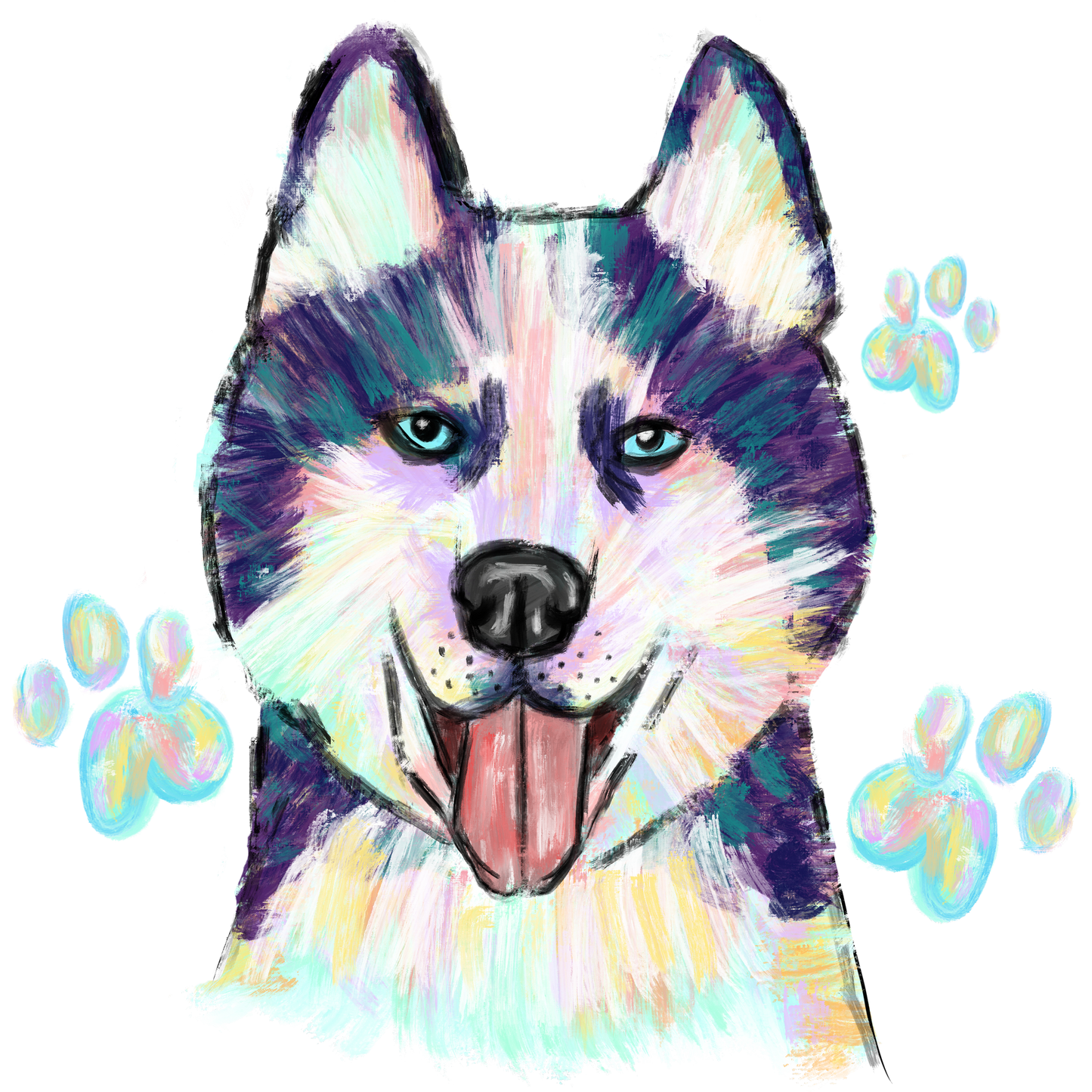 Colorful Hand-Drawn Husky with Paw Prints Design