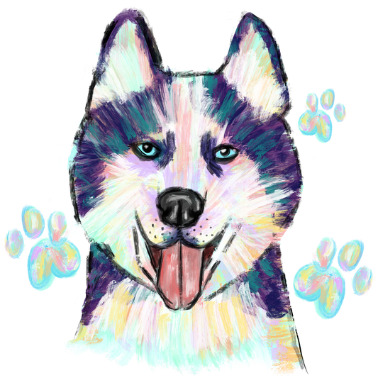 Colorful Hand-Drawn Husky with Paw Prints Design