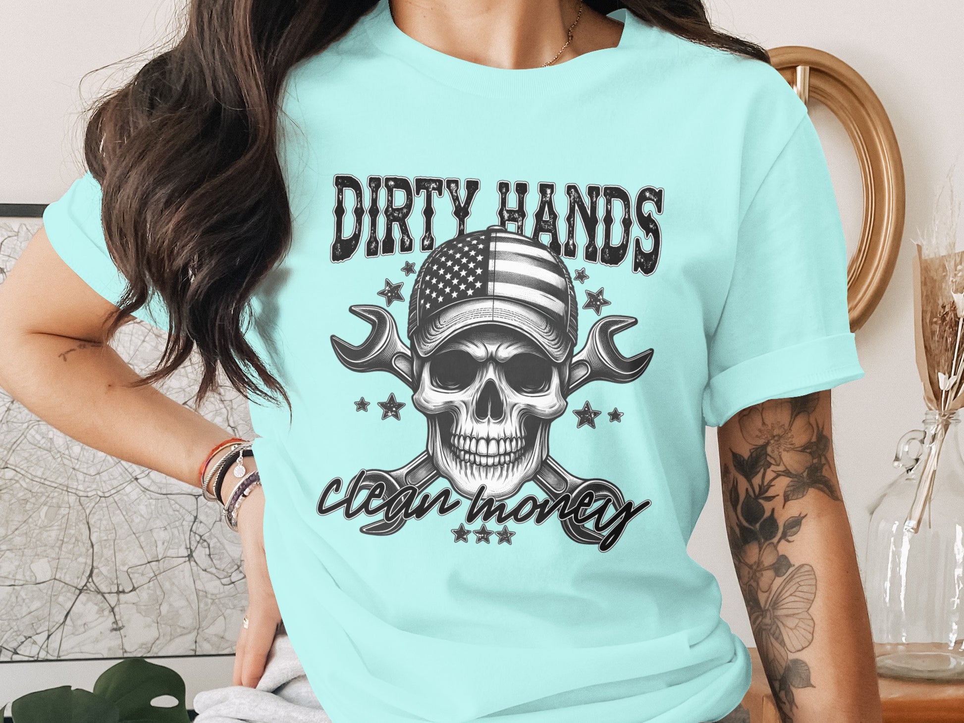 Dirty Hands Clear Money Skull Graphic T-shirt