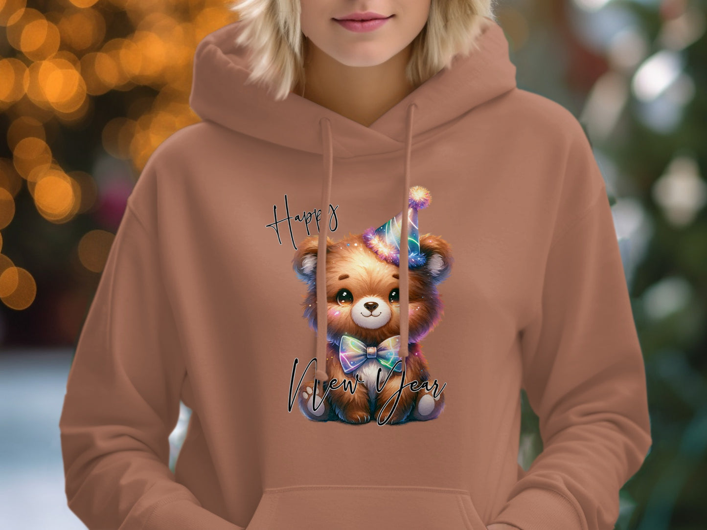Happy New Year Hoodie with Cute Bear Design