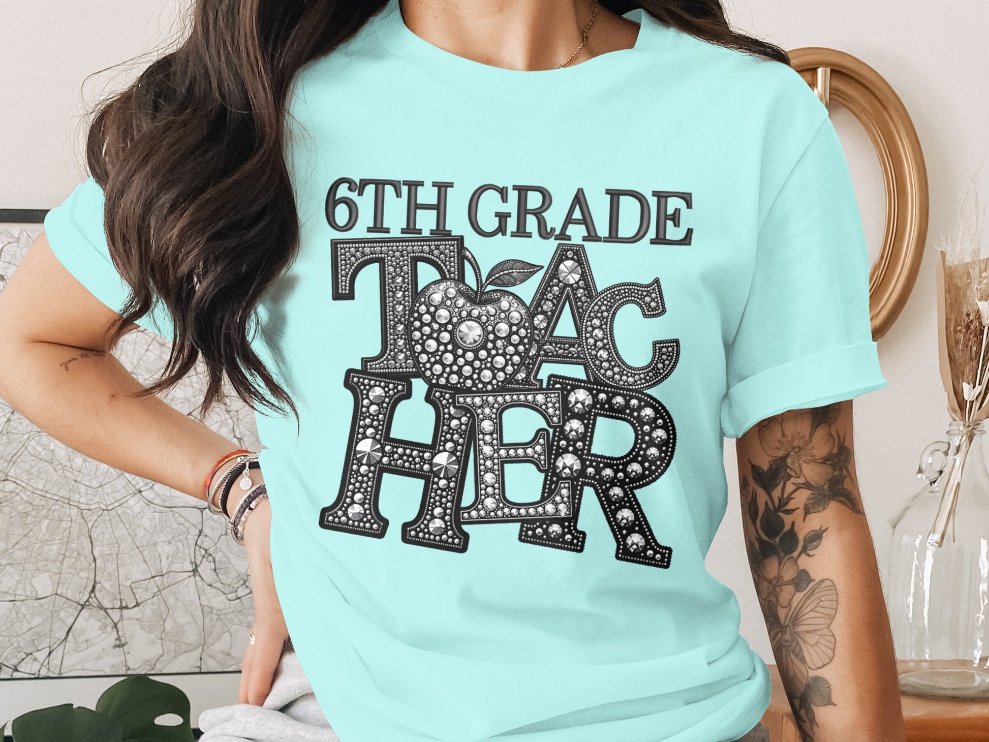 6th Grade Teacher with Glittering Apple Design Shirt