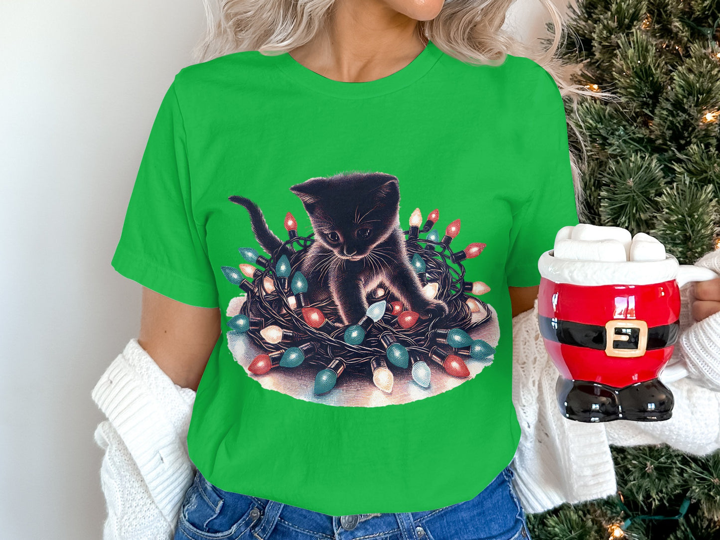 Cute Kitten Wrapped in Christmas Lights Shirt