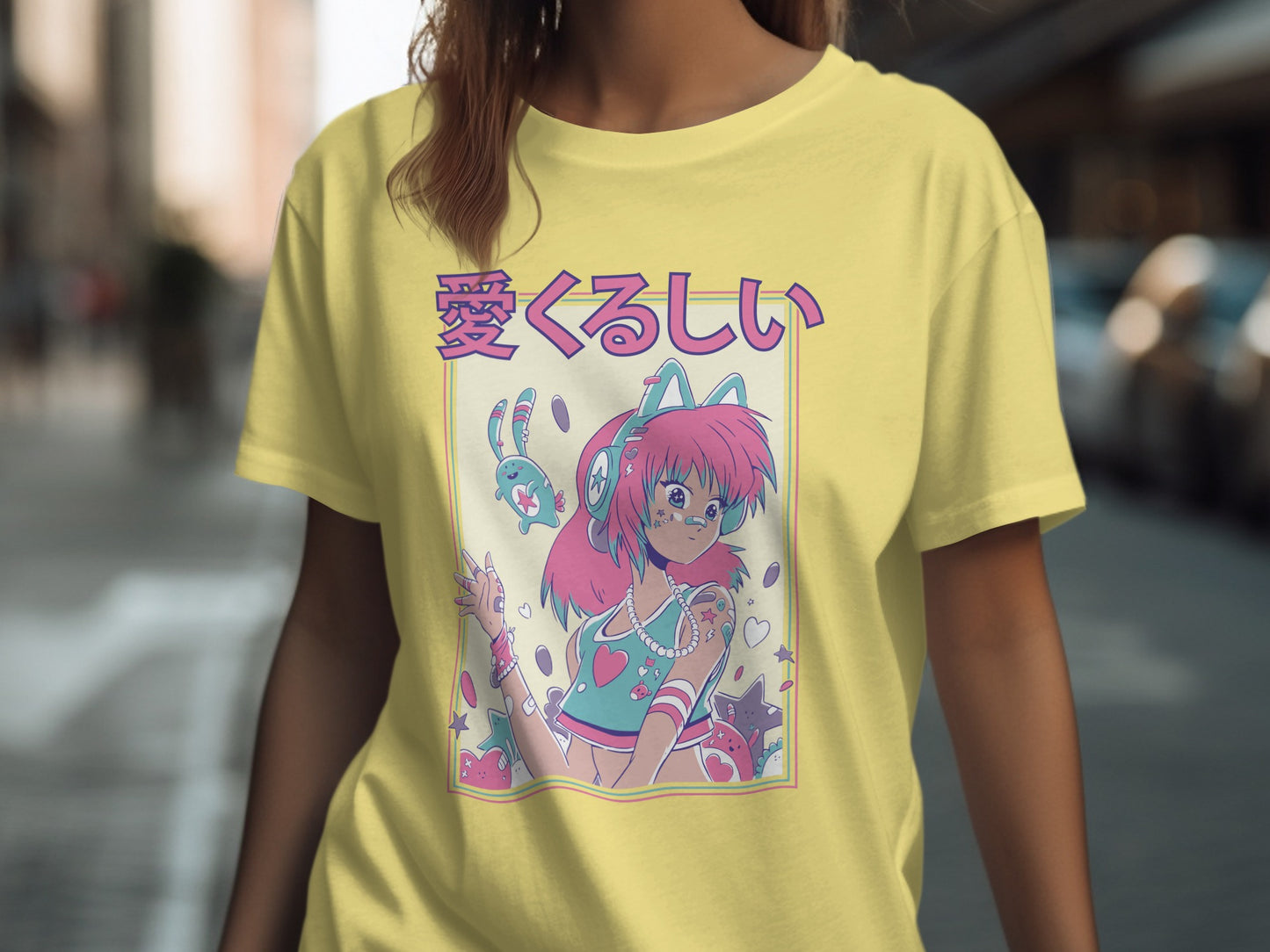 Colorful Anime Girl Graphic Tee with Japanese Text
