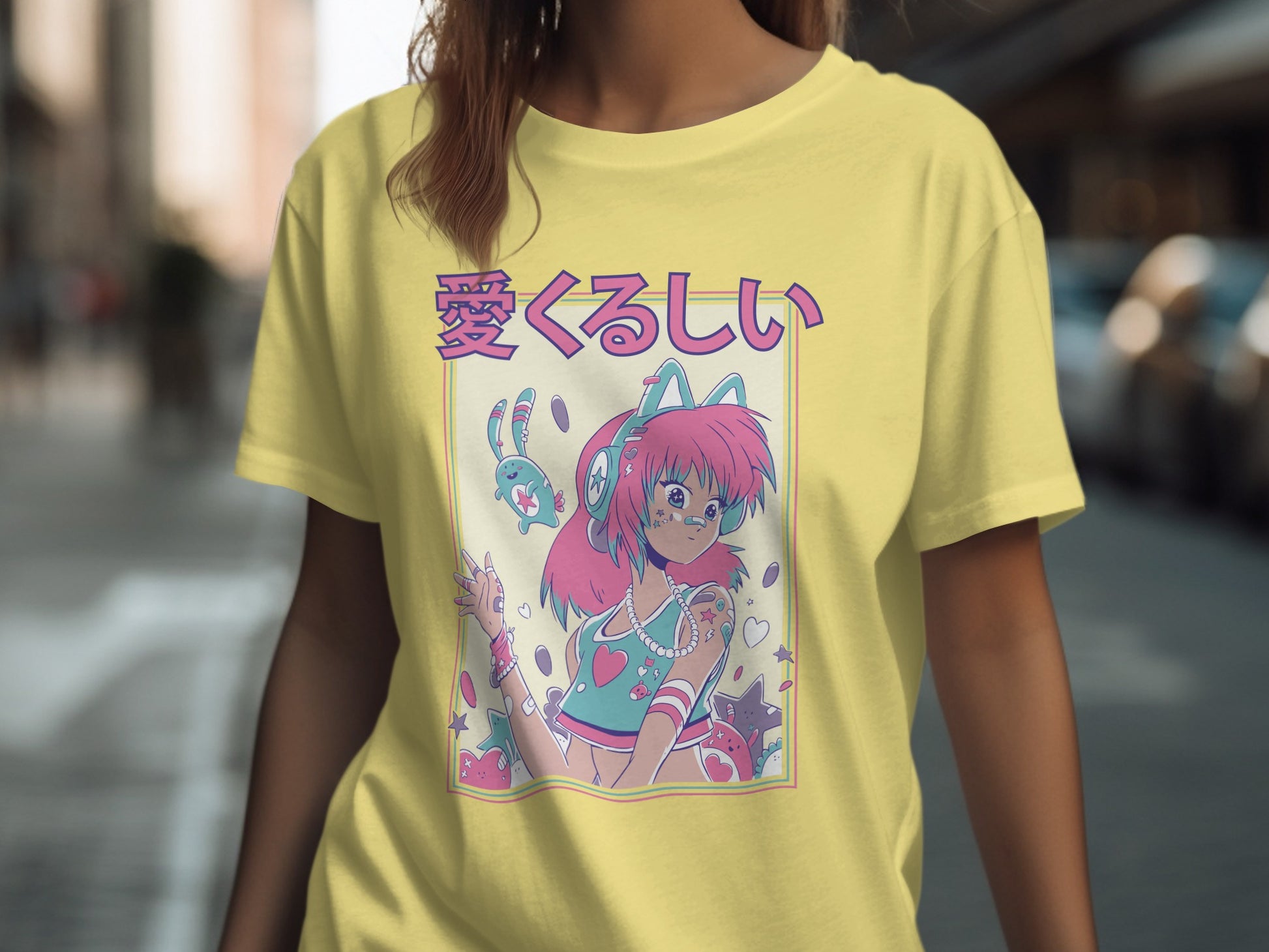 Colorful Anime Girl Graphic Tee with Japanese Text