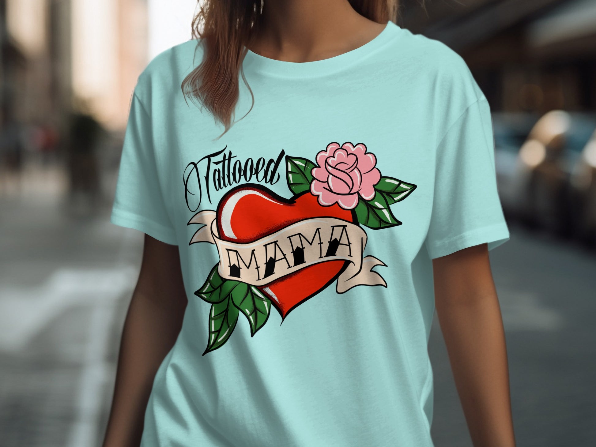 Tattooed Mama Heart and Rose Graphic T-Shirt