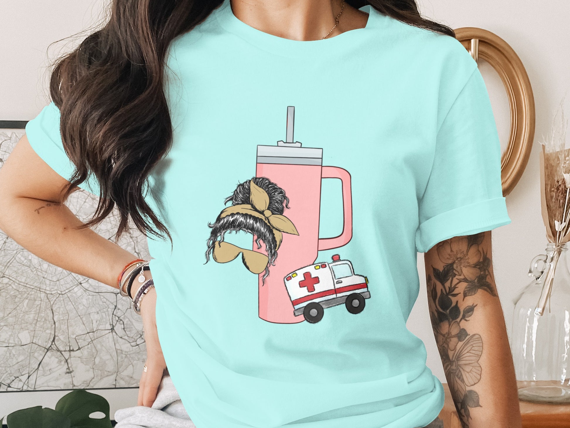 Trendy Mustache and Ambulance Graphic Tee