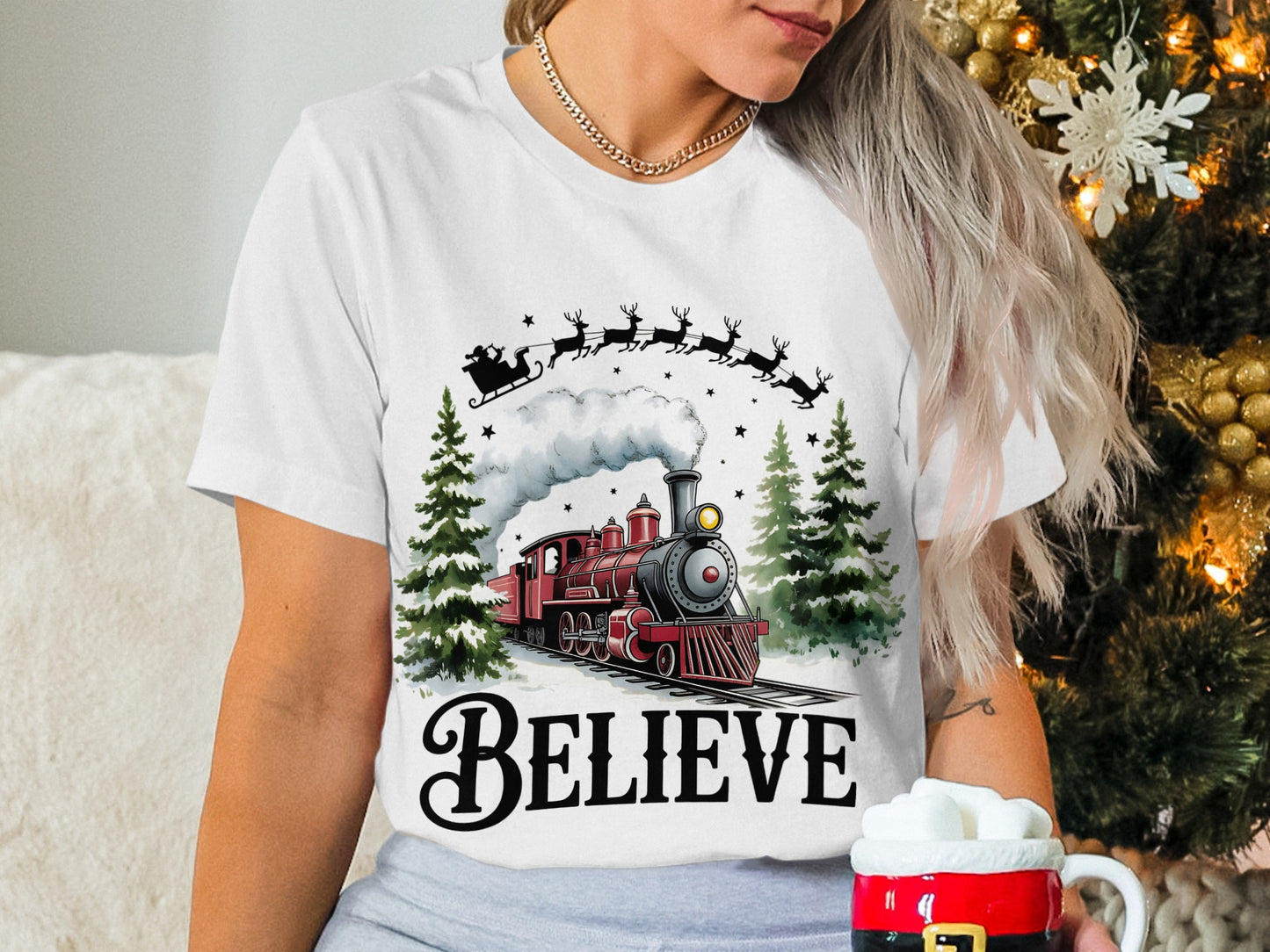Believe Christmas Train Santa Sleigh T-Shirt