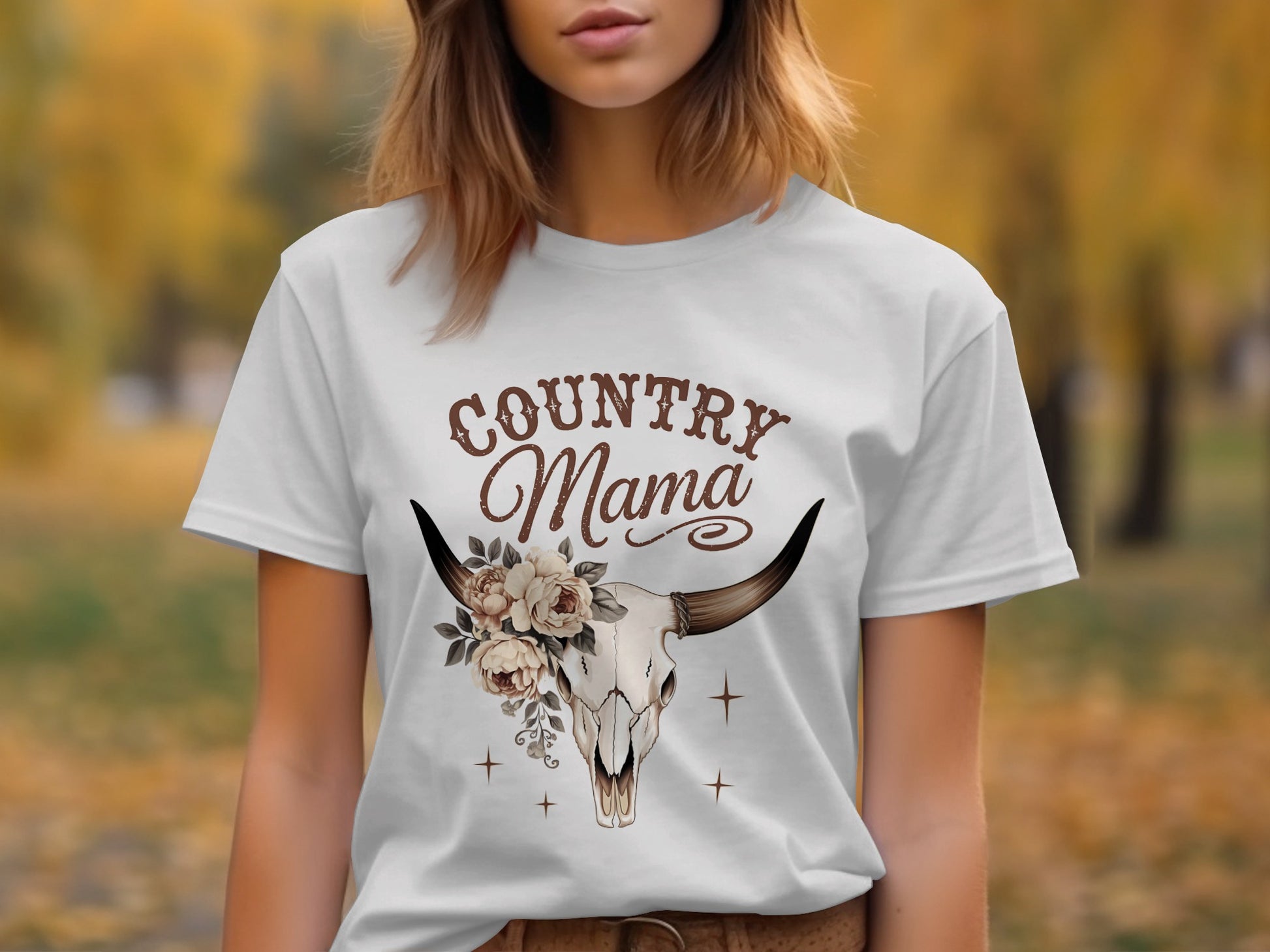 Country Mama Skull Floral Print White Shirt