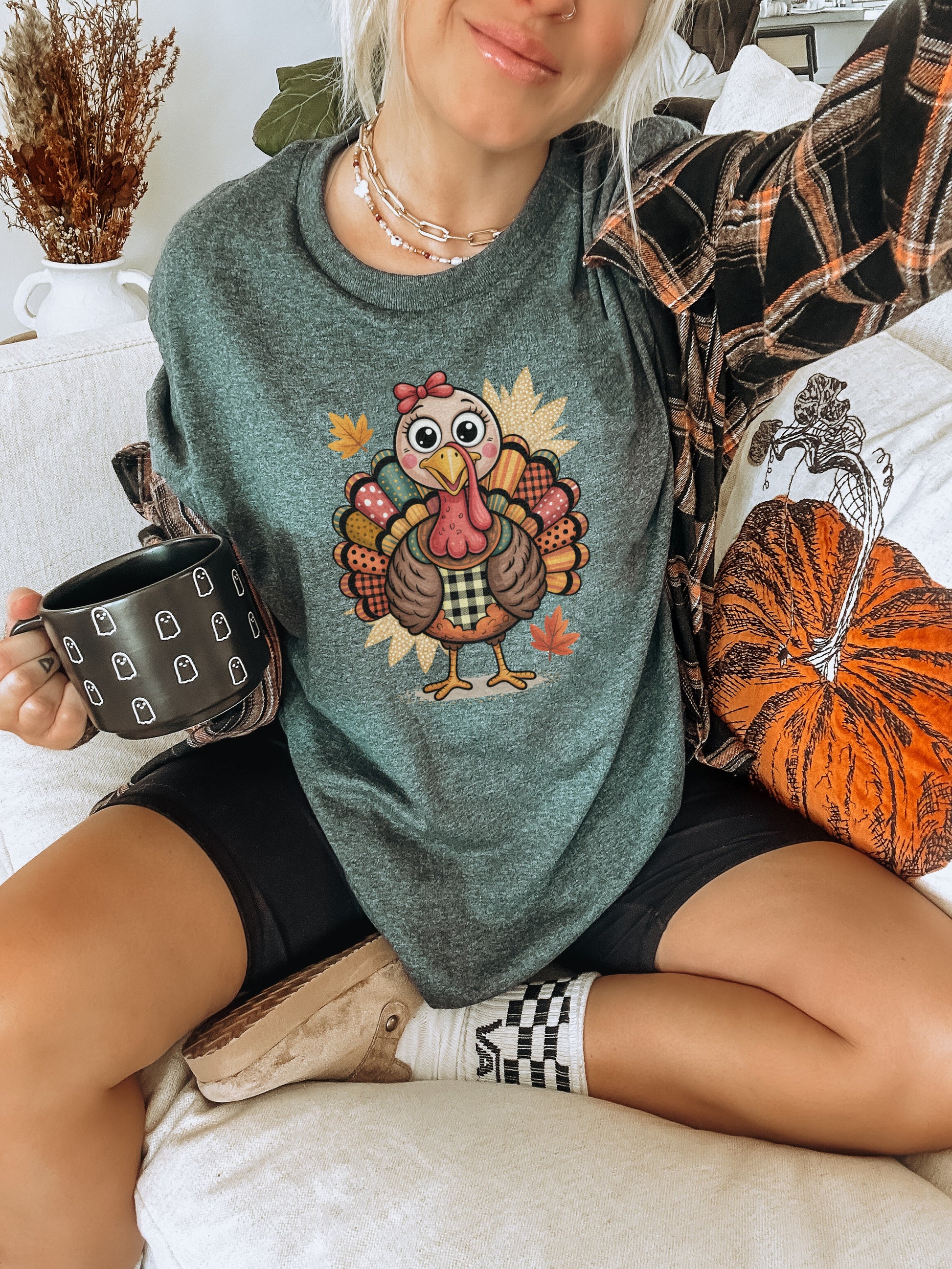 Cute Thanksgiving Turkey Sweatshirt with Fall Leaves