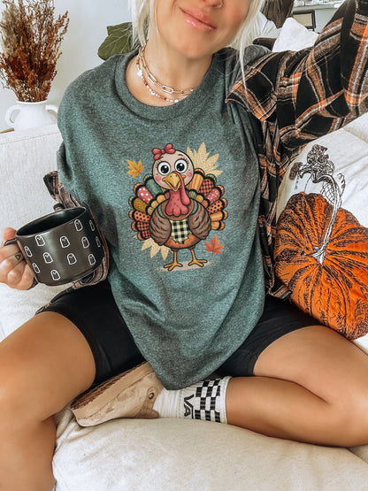 Cute Thanksgiving Turkey Sweatshirt with Fall Leaves
