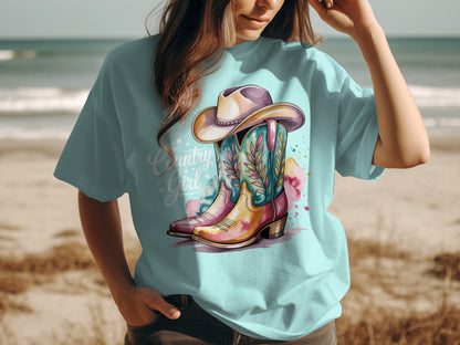 Vibrant Country Girl Cowboy Boots Design T-shirt