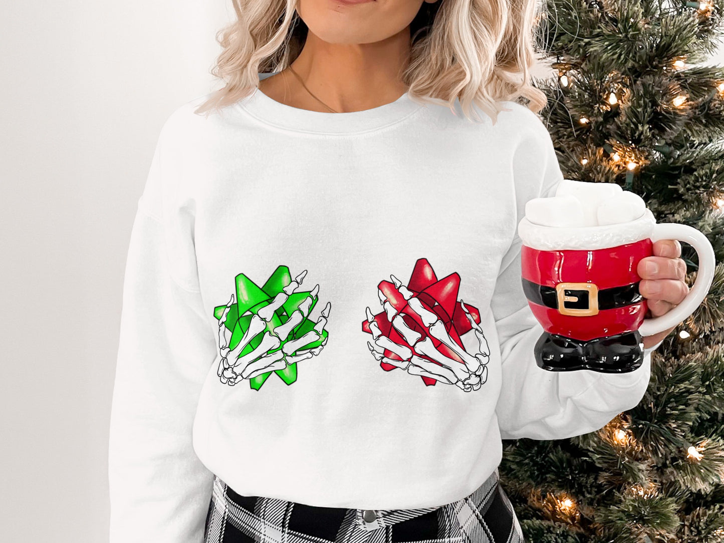 Holiday Skeleton Hands with Festive Bows Pullover