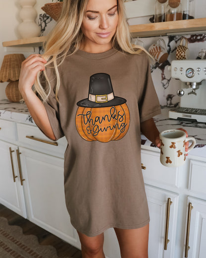 Thanksgiving Pumpkin T-Shirt with Pilgrim Hat Design