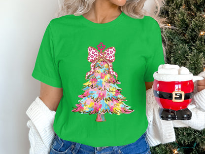 Colorful Christmas Tree Design on Green Shirt