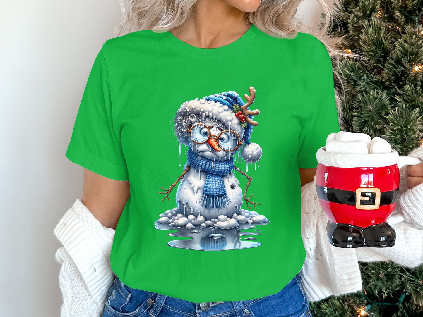Snowman Graphic Design on Cute Green T-Shirt