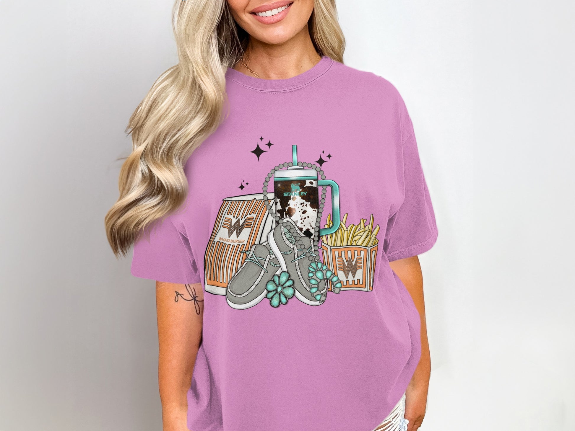 Fun and Stylish Graphic Tee with Sneakers and Food