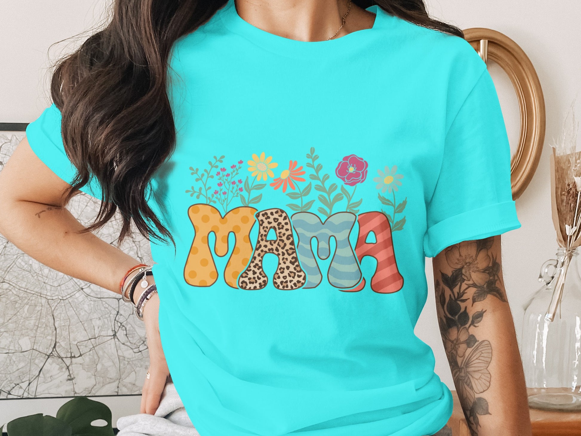 Colorful MAMA Graphic Tee With Floral Accents Shirt