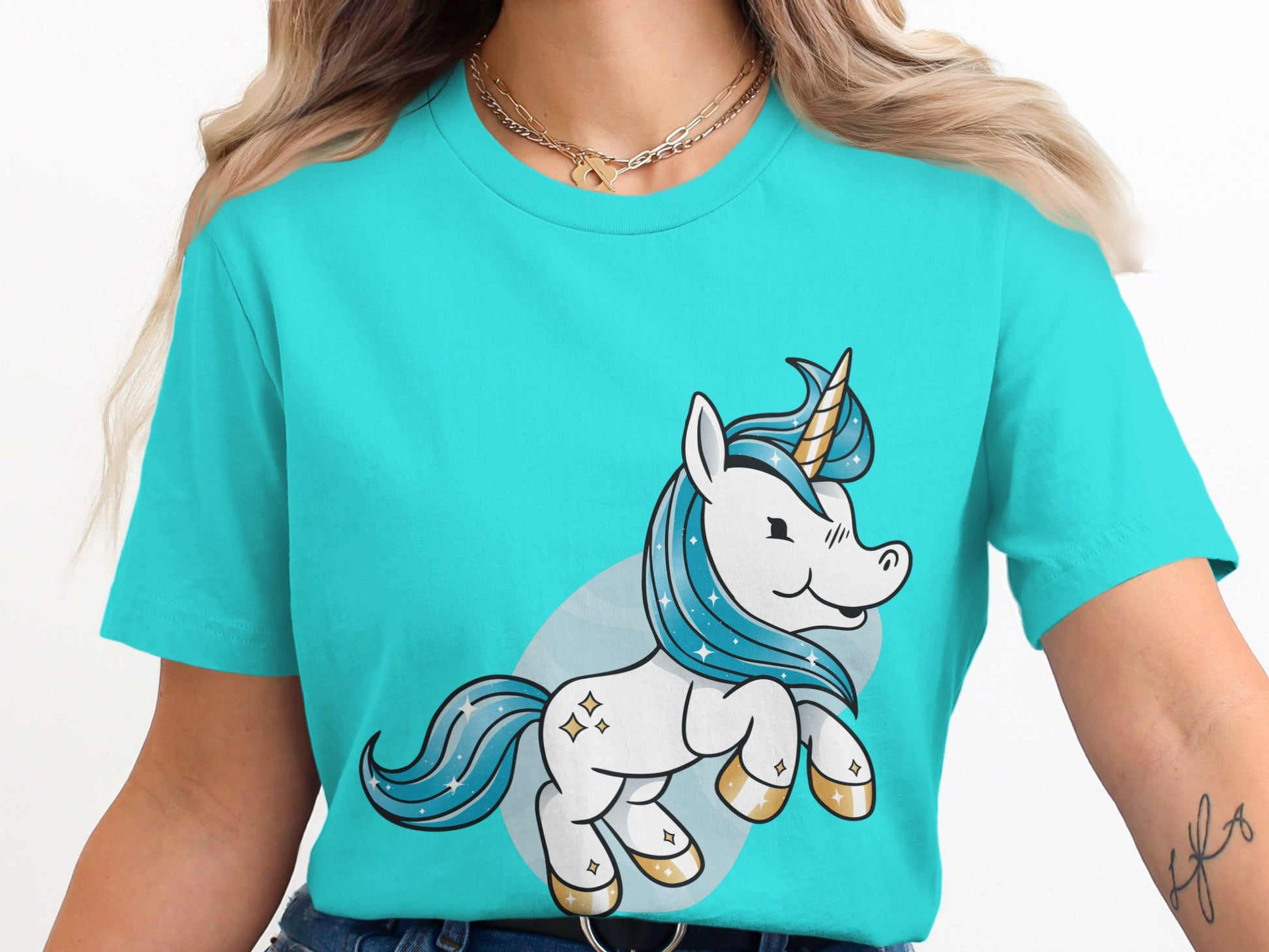 Cute Happy Unicorn Illustration on Teal Shirt