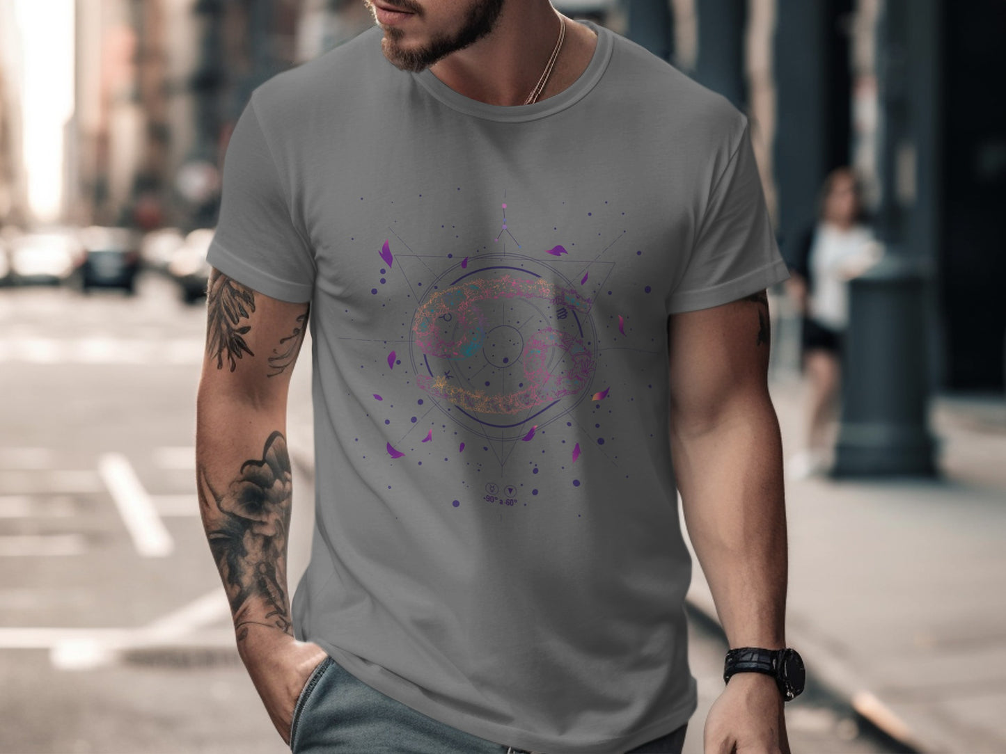 Stylish Abstract Galaxy Design on Gray T-Shirt
