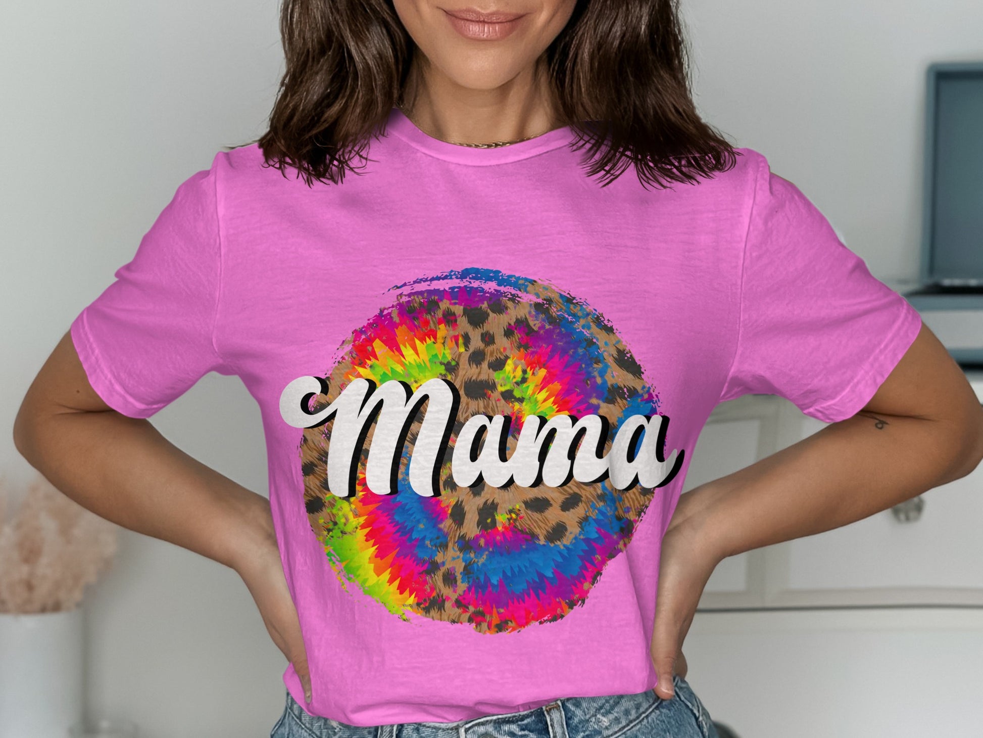 Colorful Tie-Dye Leopard Print Mama Shirt