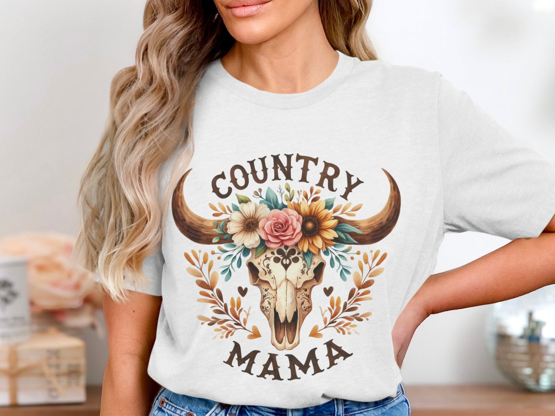Country Mama Floral Bull Skull Graphic Tee