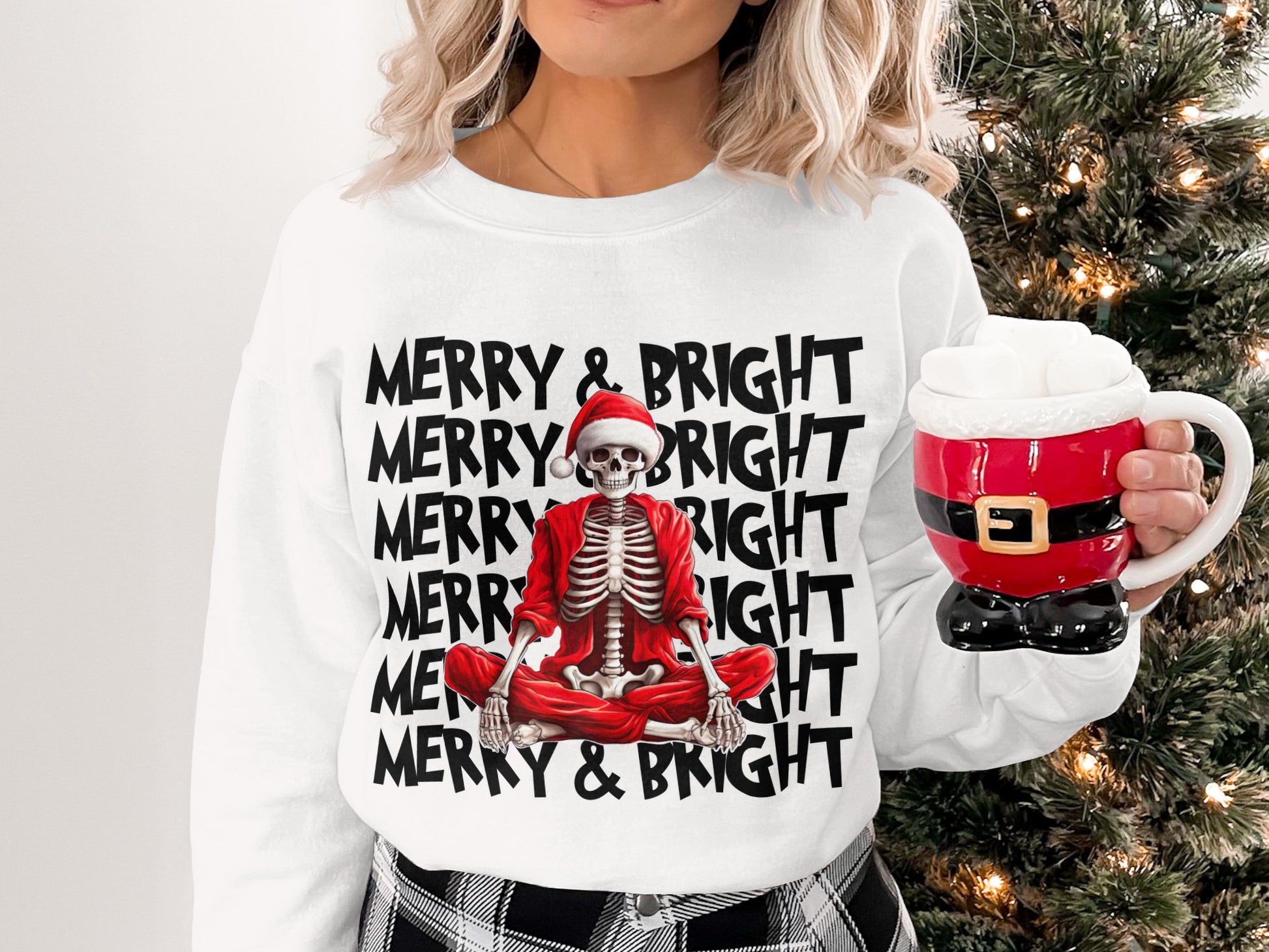 Merry Bright Skeleton Sitting Santa Hat Sweatshirt