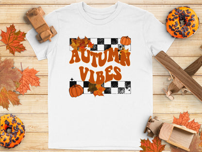 Autumn Vibes Checkerboard Pumpkin Leaf T-shirt