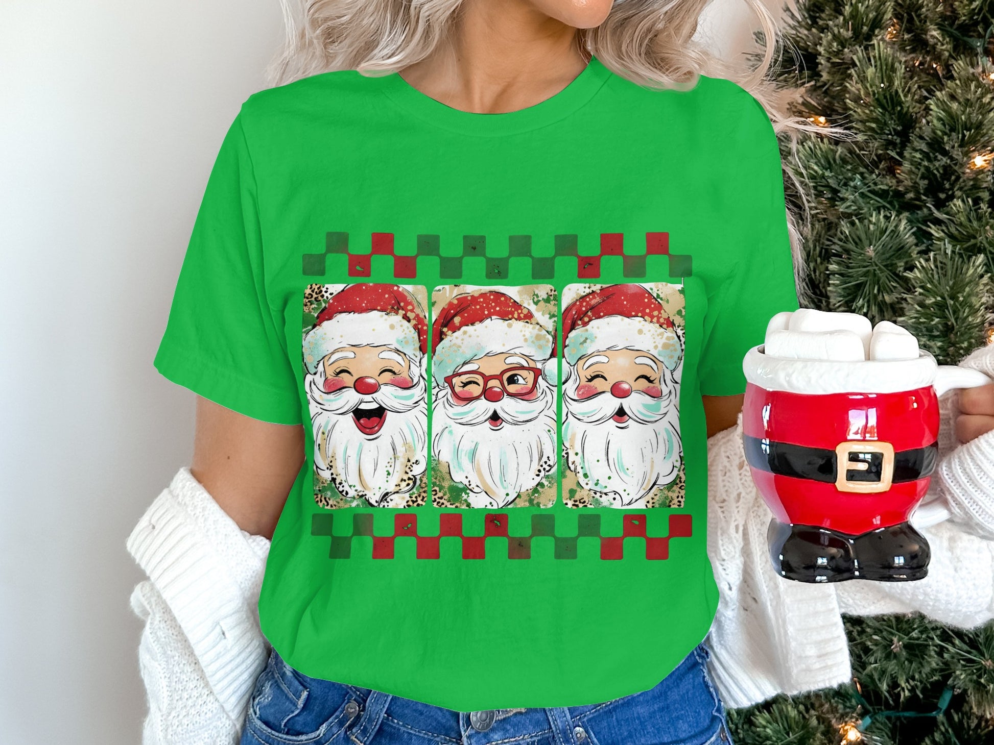 Festive Trio Santa Claus Graphics on Green T-shirt