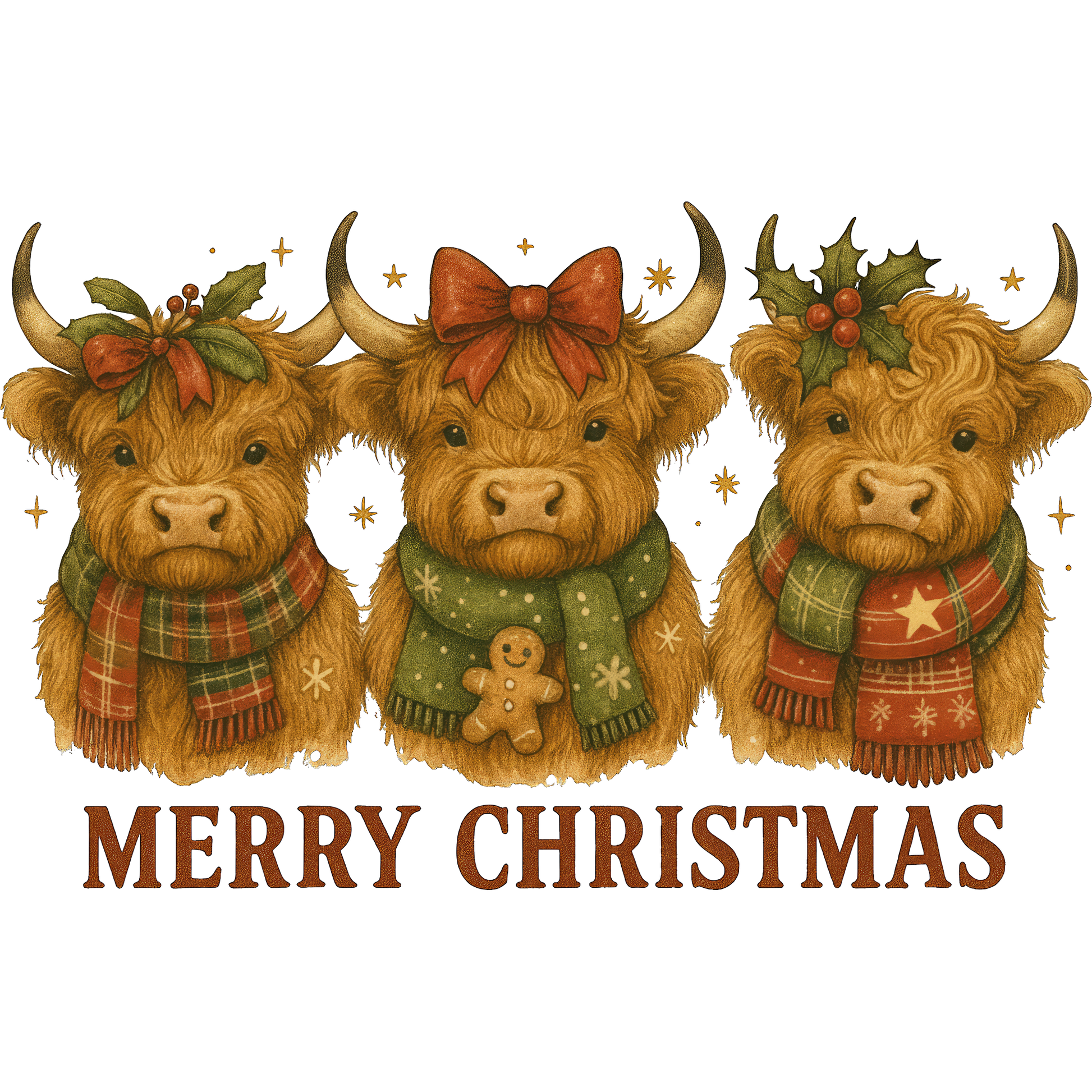 Merry Christmas Highland Cow Trio Festive Print