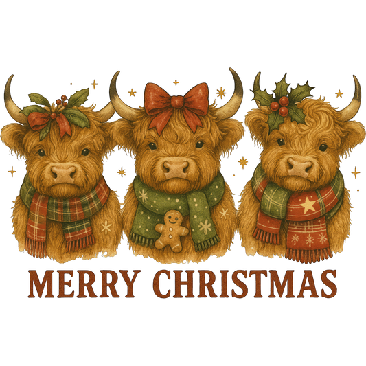 Merry Christmas Highland Cow Trio Festive Print