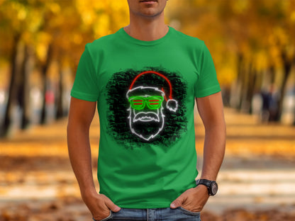 Cool Santa Neon Lights Graphic Green T-Shirt