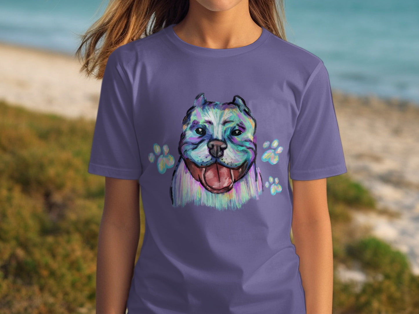 Colorful Dog Face Art with Paw Prints T-shirt