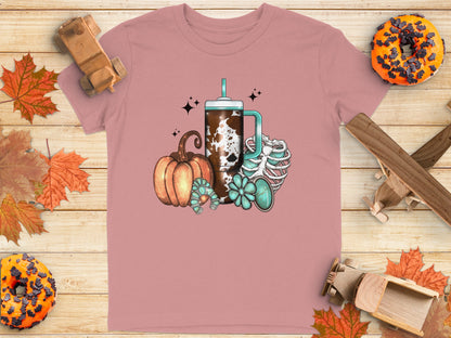 Autumn Skeleton Coffee Tumbler Pink Graphic T-shirt