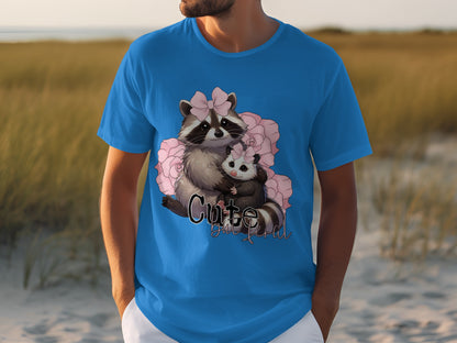 Cute Raccoons and Pink Flowers Blue T-Shirt