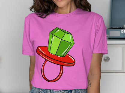 Vibrant Pink T-Shirt with Cartoon Gemstone Design