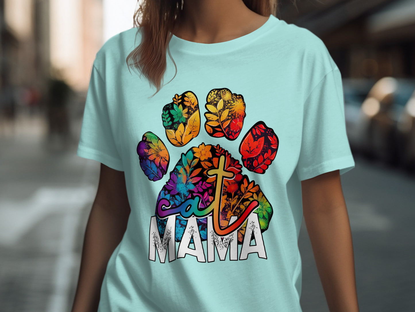 Colorful Cat Mama Paw Print Design Shirt