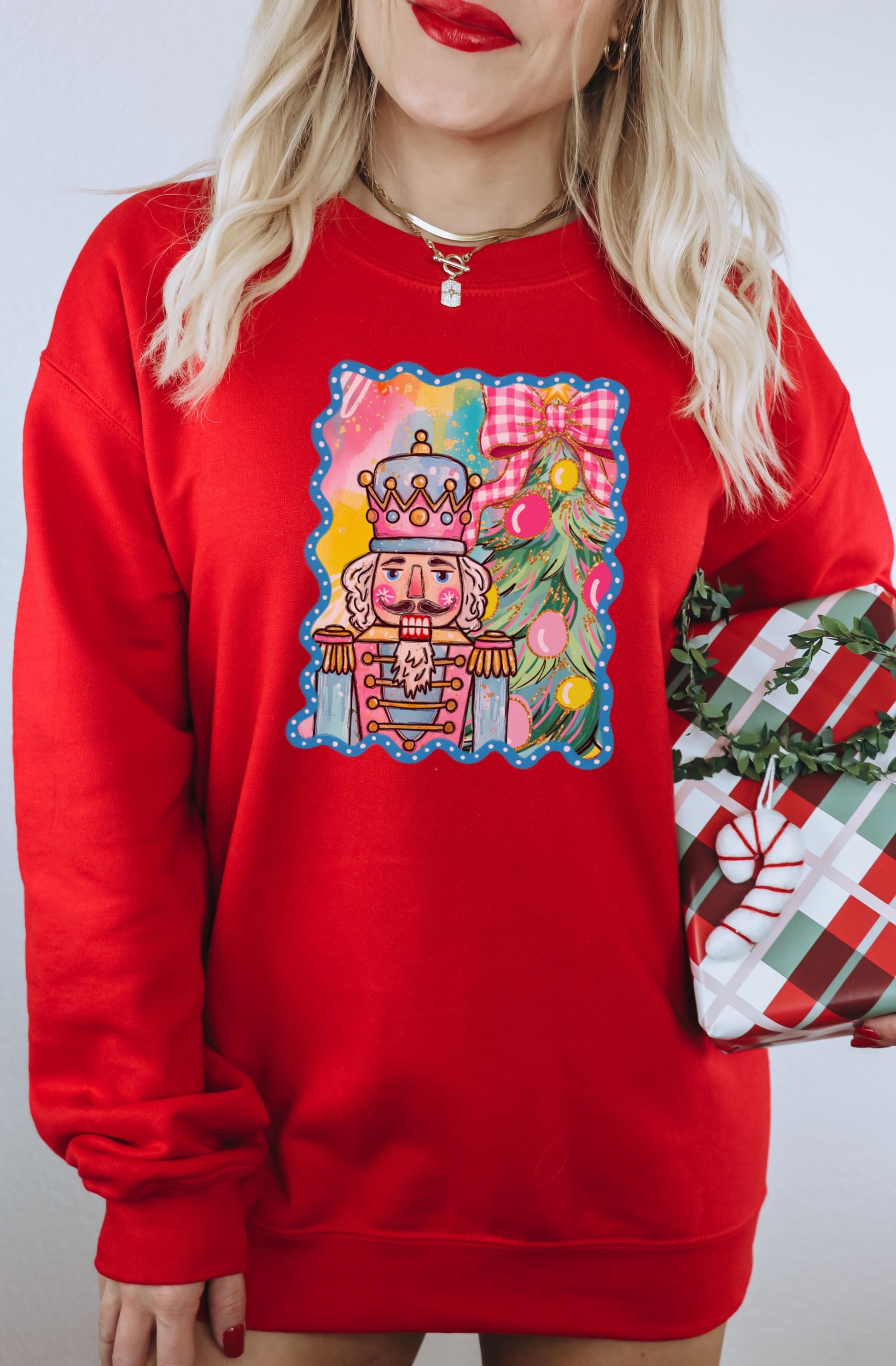 Festive Nutcracker and Bow Design Christmas Sweatshirt