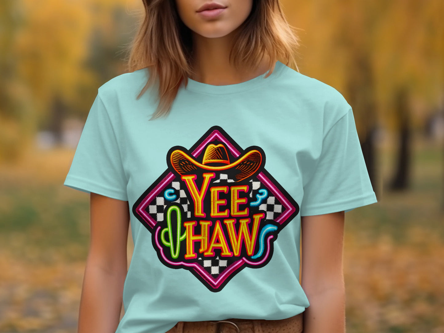 Colorful Yee Haw Cowboy Hat Cactus Graphic T-shirt