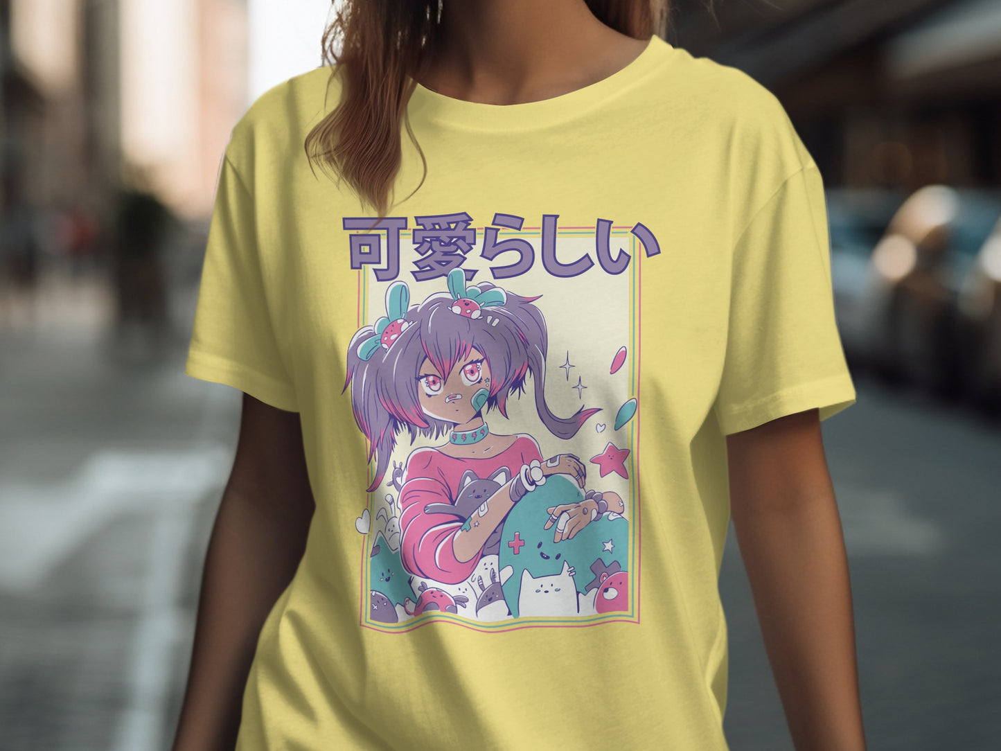 Cute Anime Girl Yellow T-Shirt with Pastel Colors Design