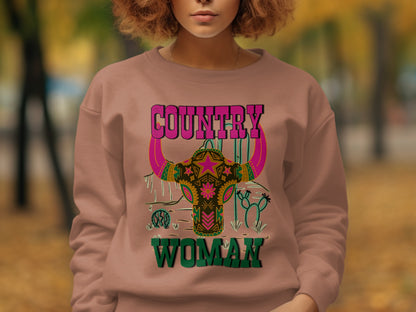 Country Woman Sweatshirt with Colorful Bull Design