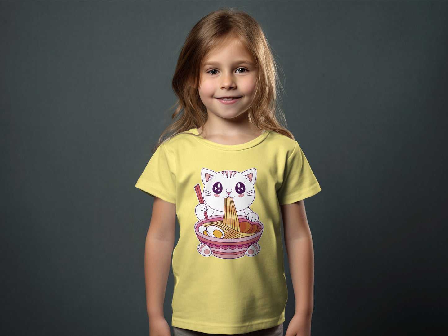Adorable Cat Eating Noodles Graphic Tee for Kids