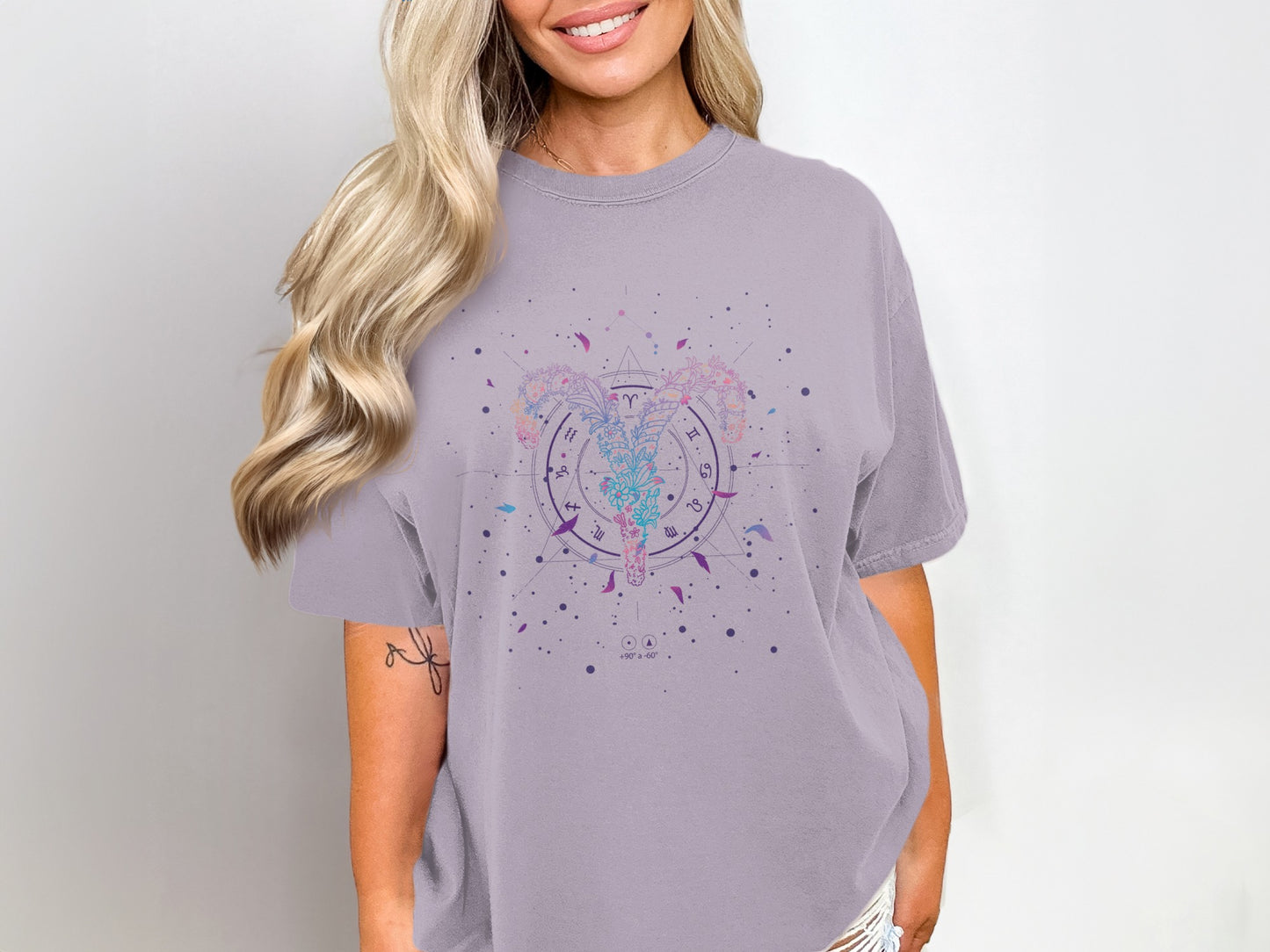 Celestial themed graphic tee with zodiac sign design