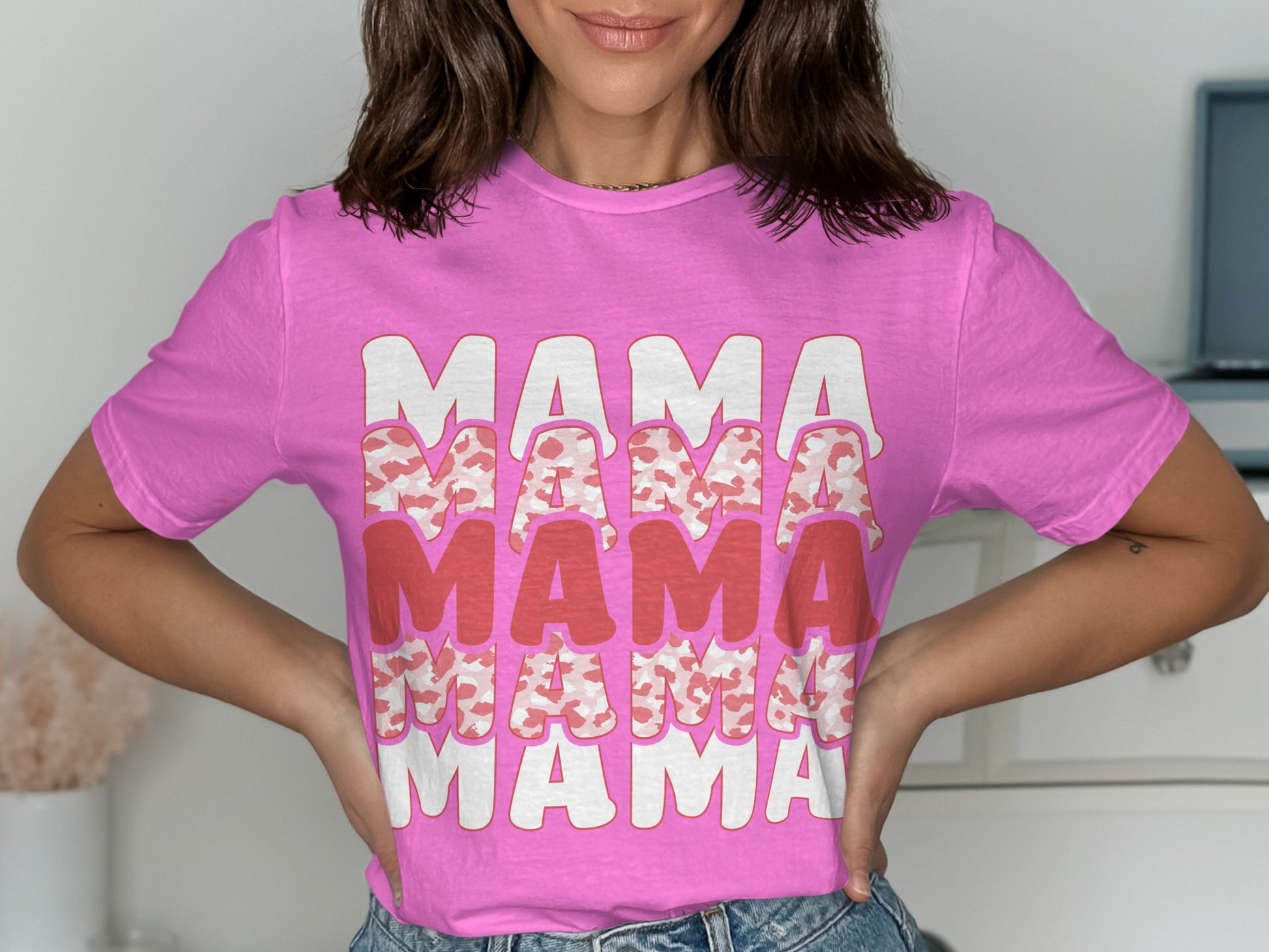 Pink Graphic Tee with MAMA Letter Pattern Design