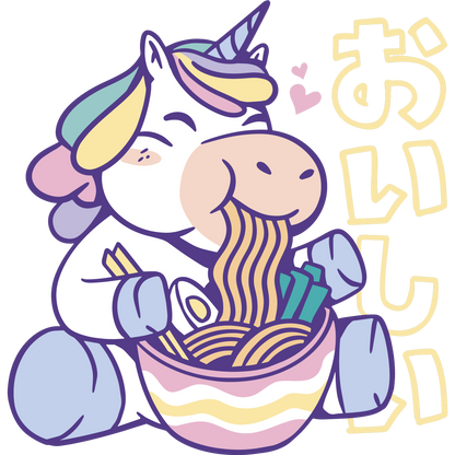Kawaii Unicorn Eating Ramen Oishii Graphic Design