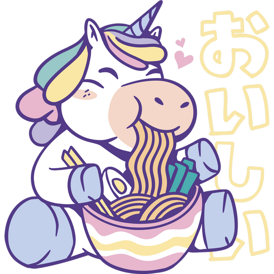 Kawaii Unicorn Eating Ramen Oishii Graphic Design